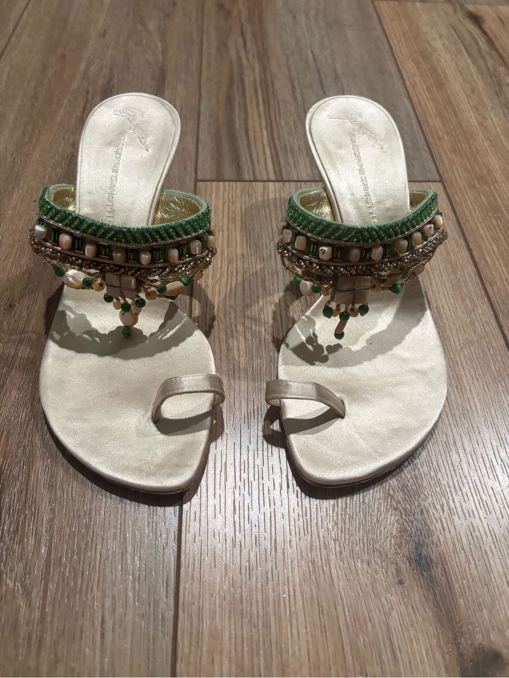 New - Vintage Giuseppe Zanotti Green Gold Heels with Toe Ring and Shells, Beads
